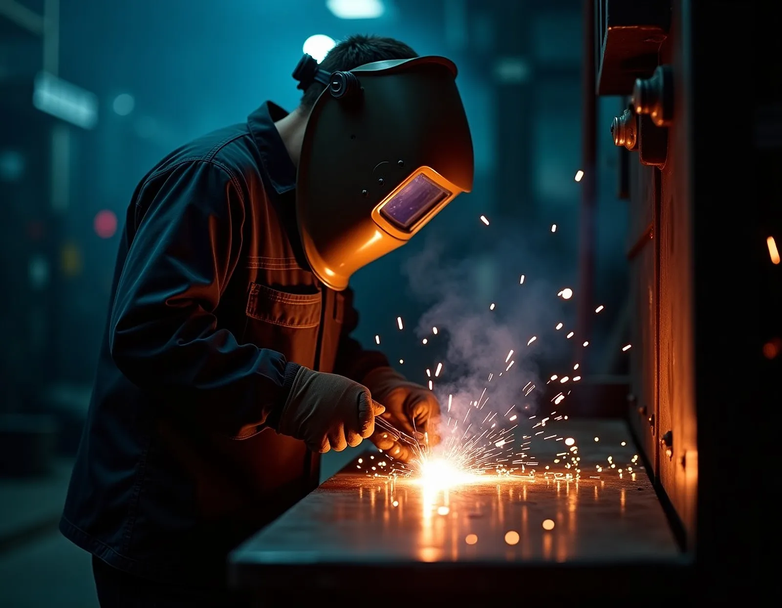 Welder at work with sparks